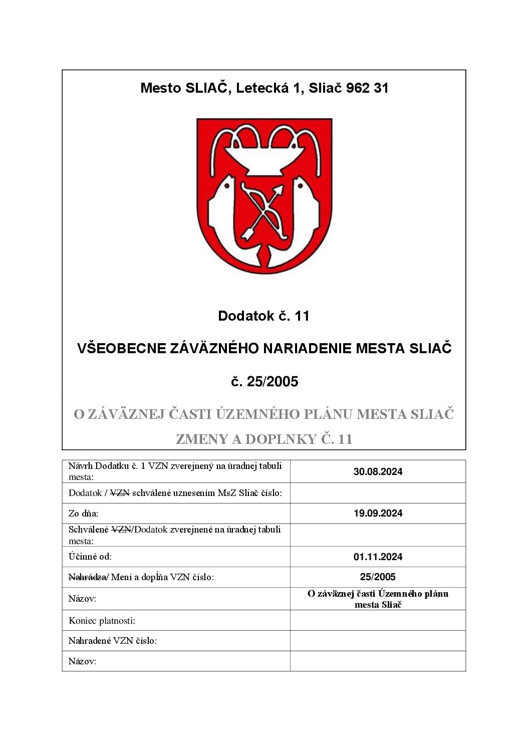 VZN_25_2005_o záväznej časti Územného plánu mesta Sliač_ZaD_Dodatok 11_OK